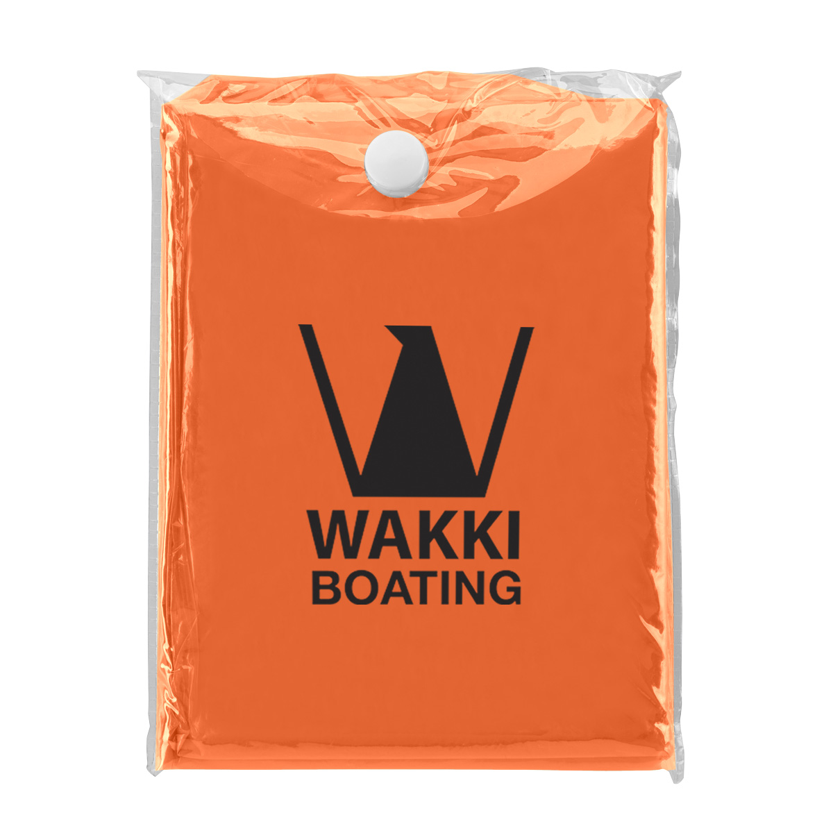 Orange disposable PE rain poncho folded inside a clear PVC carrying pouch for emergency rain protection.
