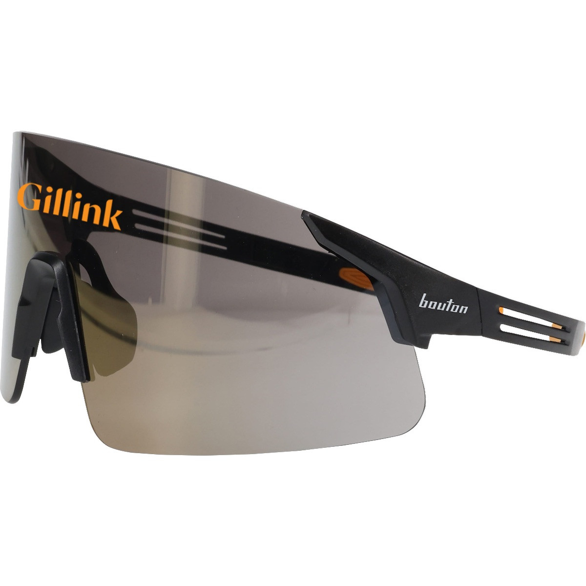Bouton® Optical Site Boss™ Gold Lens Safety Glasses with a black frameless design, gold mirror anti-scratch lenses, adjustable soft rubber nose pads, and ultra-flexible black temples for eye protection during outdoor construction, industrial, and jobsite work.