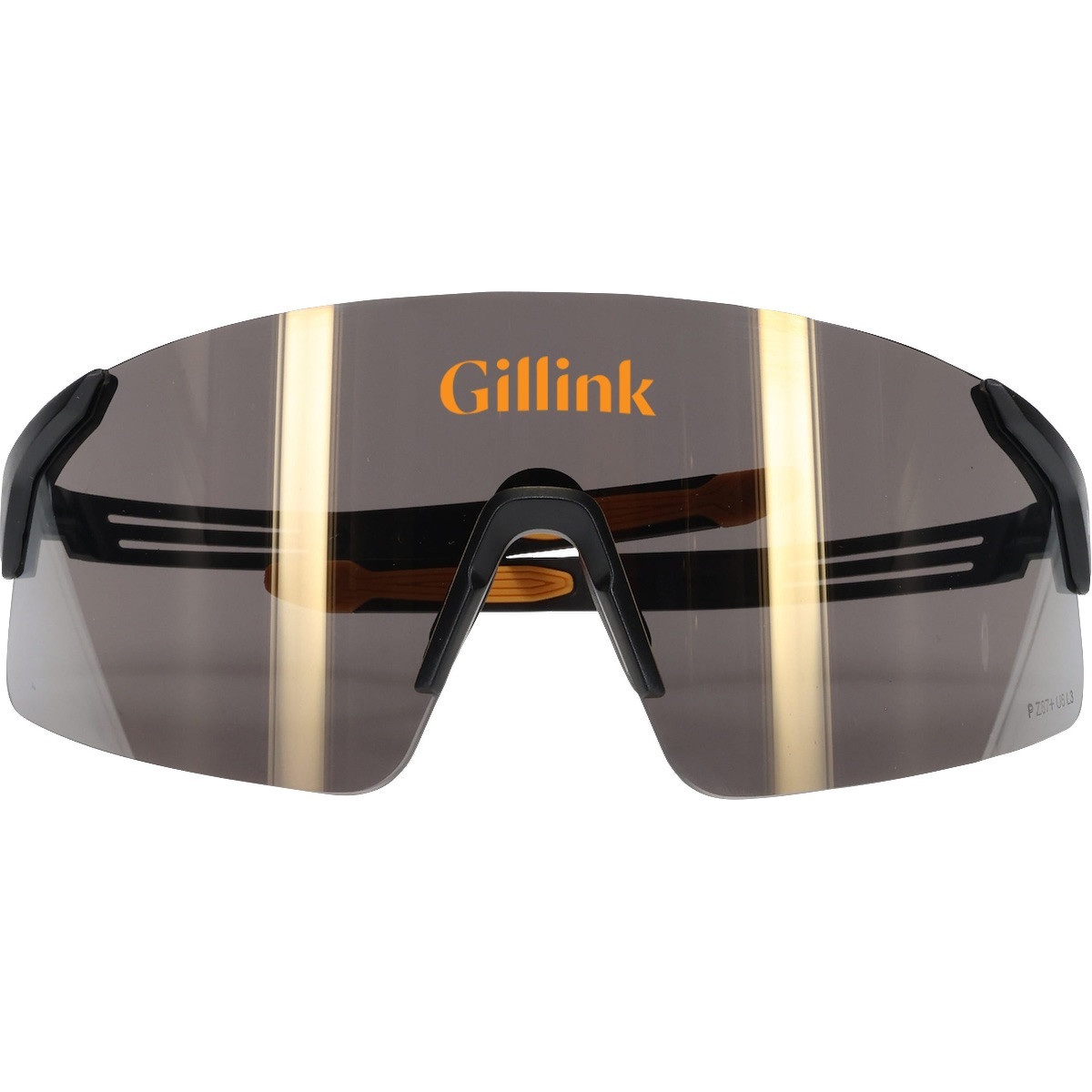 Bouton® Optical Site Boss™ Gold Lens Safety Glasses with a black frameless design, gold mirror anti-scratch lenses, adjustable soft rubber nose pads, and ultra-flexible black temples for eye protection during outdoor construction, industrial, and jobsite work.