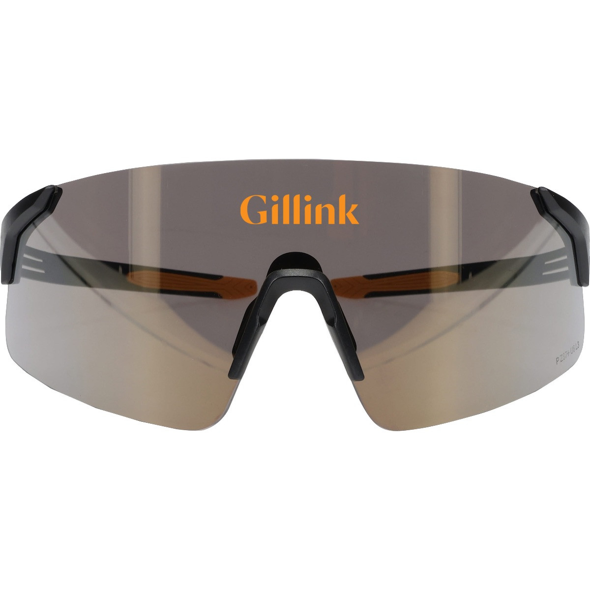 Bouton® Optical Site Boss™ Gold Lens Safety Glasses with a black frameless design, gold mirror anti-scratch lenses, adjustable soft rubber nose pads, and ultra-flexible black temples for eye protection during outdoor construction, industrial, and jobsite work.