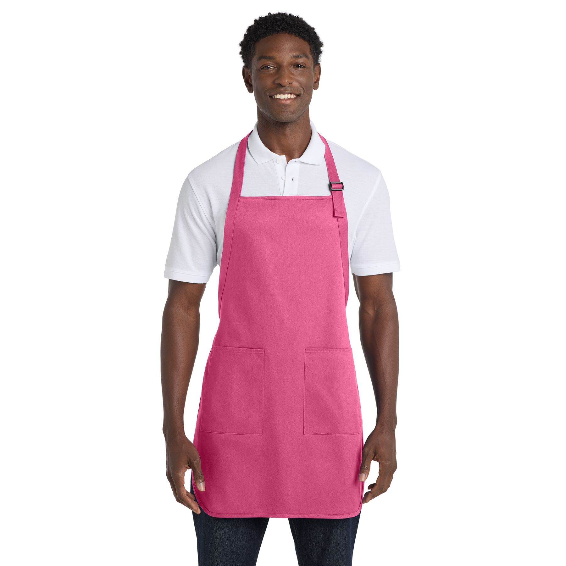 Awareness Pink full-length cotton twill apron with stain-release protection, adjustable neck strap, two waist-level patch pockets, and a pen pocket.