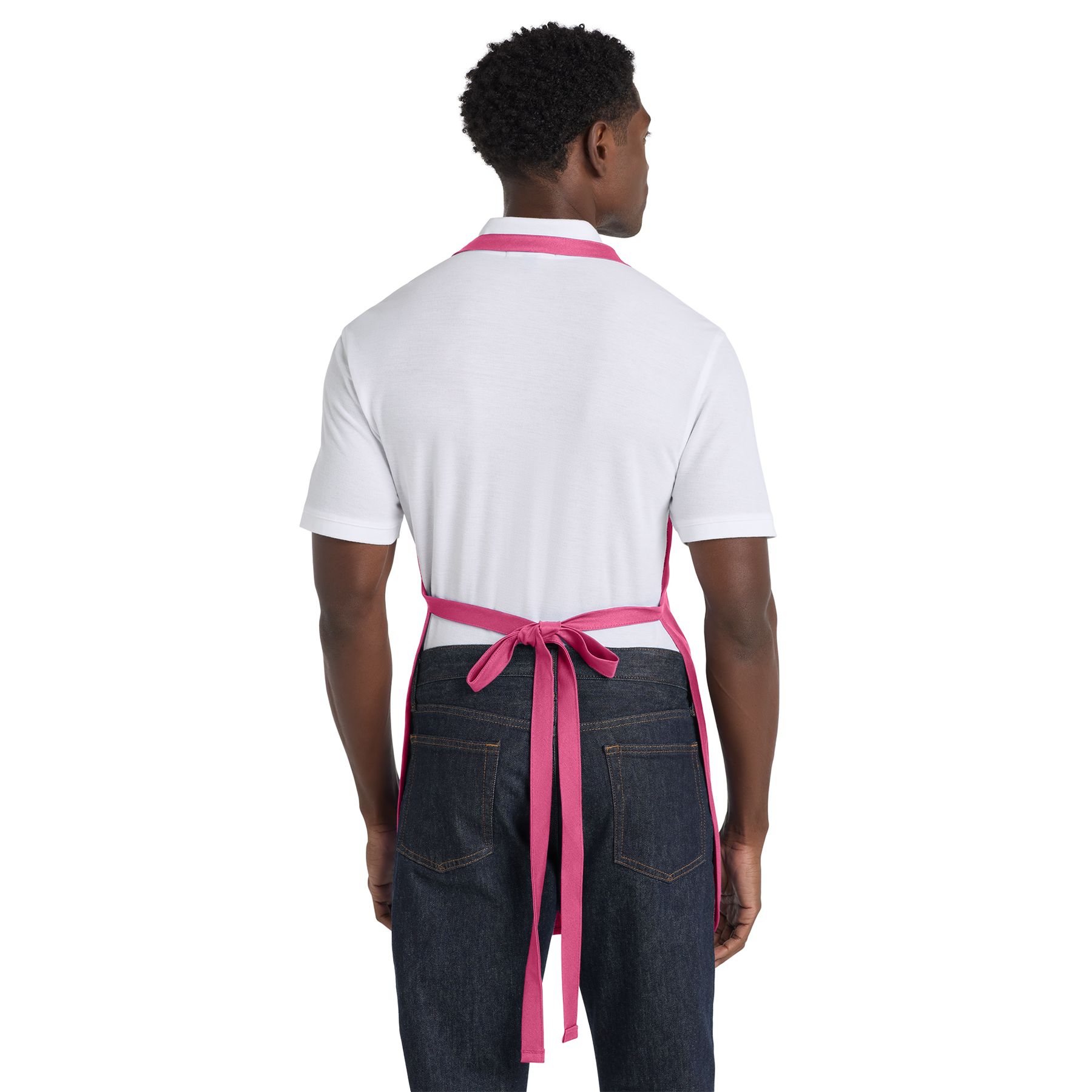 Awareness Pink full-length cotton twill apron with stain-release protection, adjustable neck strap, two waist-level patch pockets, and a pen pocket.