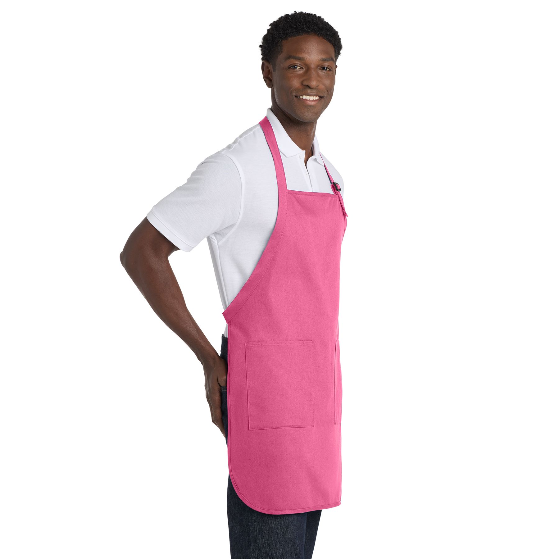 Awareness Pink full-length cotton twill apron with stain-release protection, adjustable neck strap, two waist-level patch pockets, and a pen pocket.