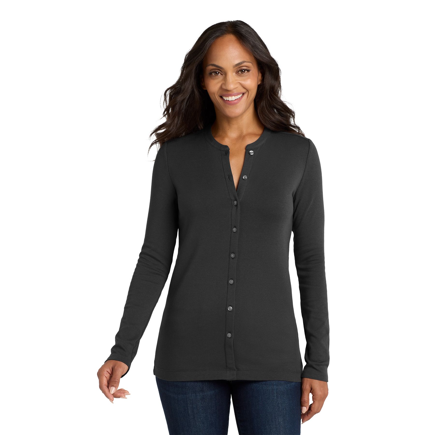 Black women's stretch button-front cardigan made from a soft cotton, modal, and spandex blend with a shallow scoop neckline, dyed-to-match buttons, long sleeves, and a flattering draped fit.