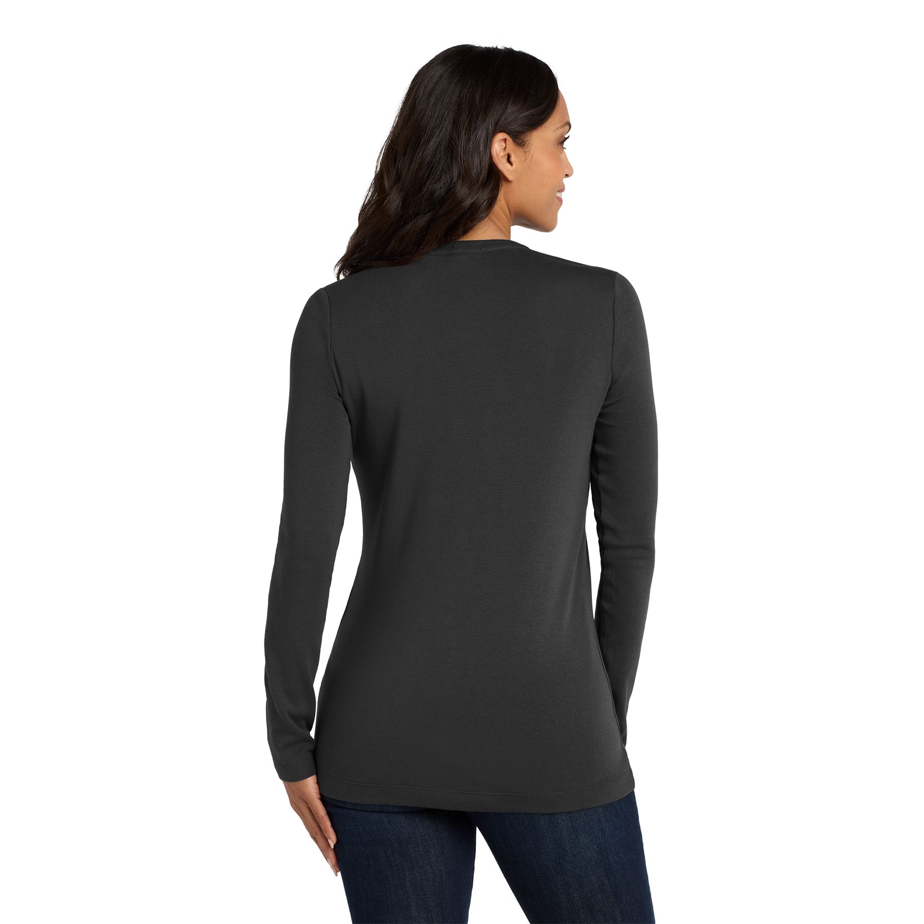 Black women's stretch button-front cardigan made from a soft cotton, modal, and spandex blend with a shallow scoop neckline, dyed-to-match buttons, long sleeves, and a flattering draped fit.
