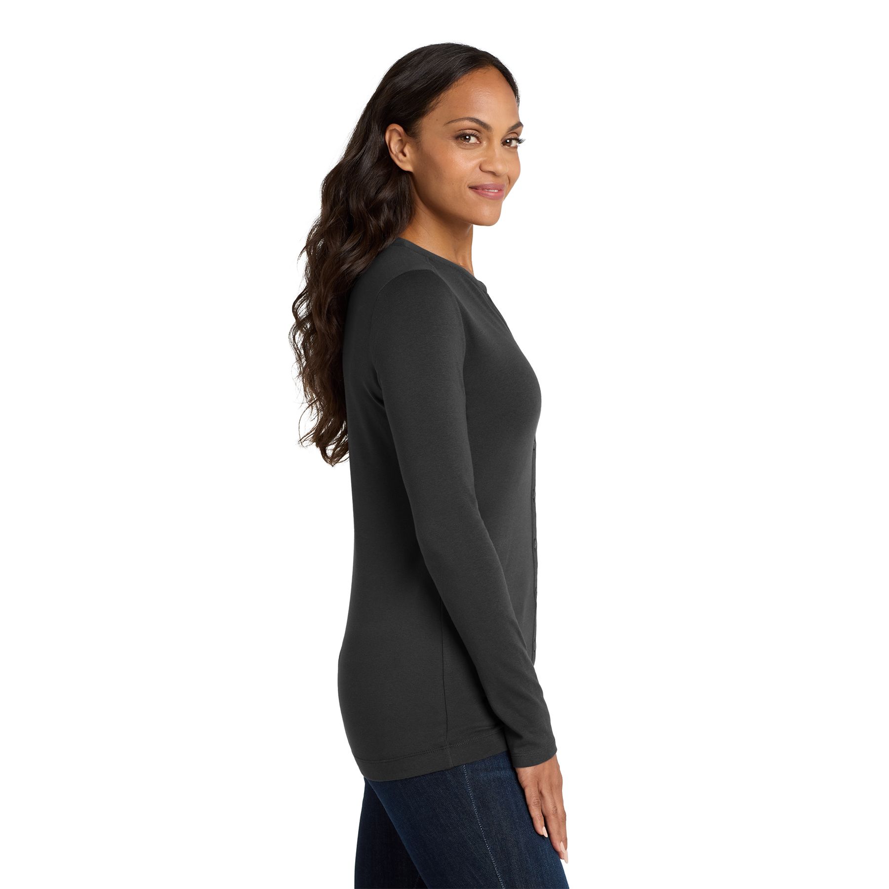 Black women's stretch button-front cardigan made from a soft cotton, modal, and spandex blend with a shallow scoop neckline, dyed-to-match buttons, long sleeves, and a flattering draped fit.