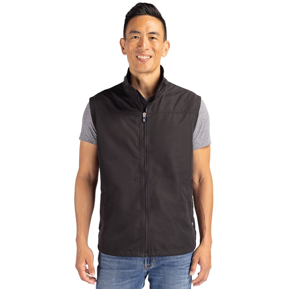 Black men's full-zip recycled polyester vest with a durable water-resistant finish, stand collar, adjustable drawcord hem, lightweight quilted construction, and packable design.