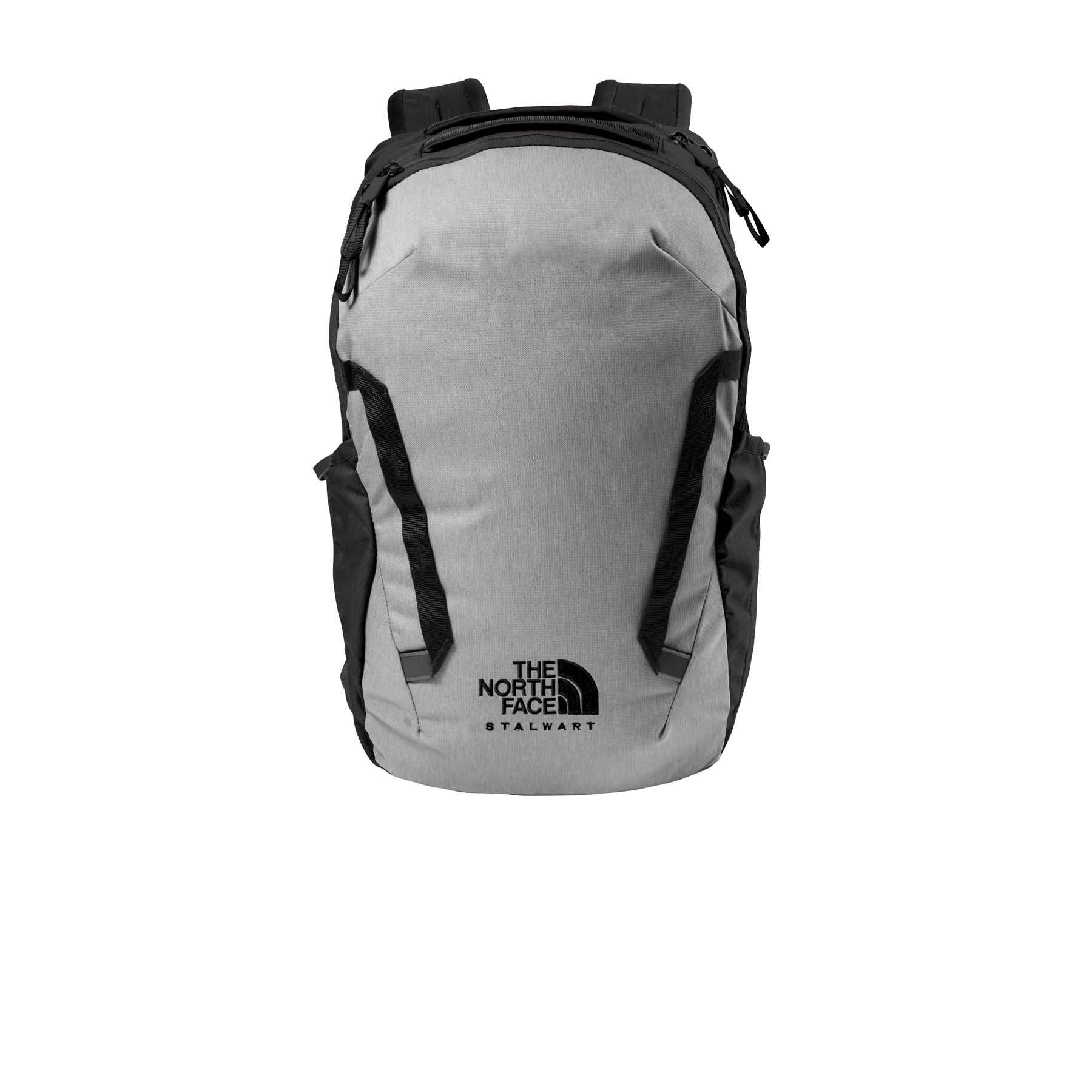 Mid Grey Dark Heather and TNF Black recycled polyester backpack with a spacious main compartment, padded 15-inch laptop sleeve, dual water bottle pockets, FlexVent™ shoulder straps, breathable back panel, and top carry handles.