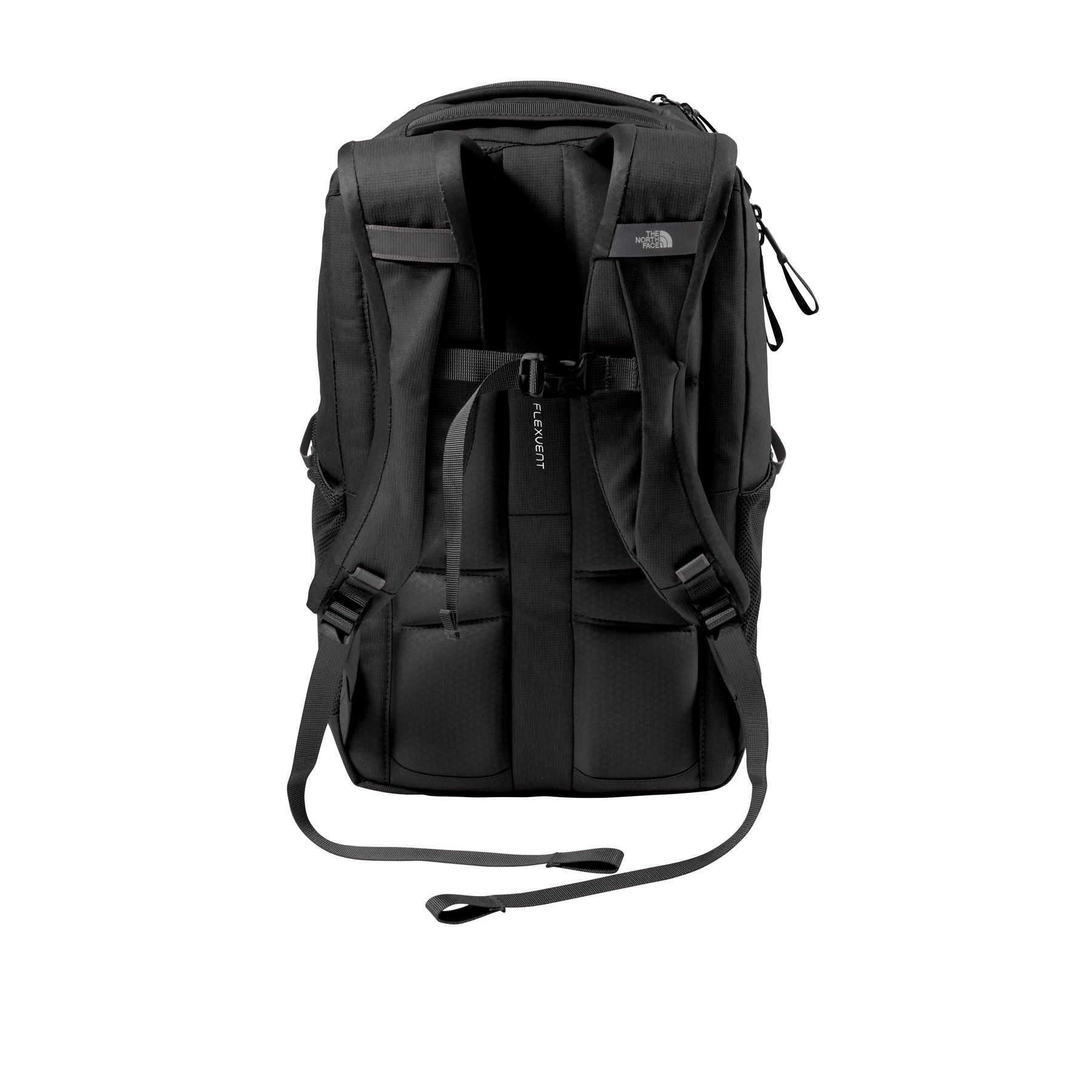 Mid Grey Dark Heather and TNF Black recycled polyester backpack with a spacious main compartment, padded 15-inch laptop sleeve, dual water bottle pockets, FlexVent™ shoulder straps, breathable back panel, and top carry handles.
