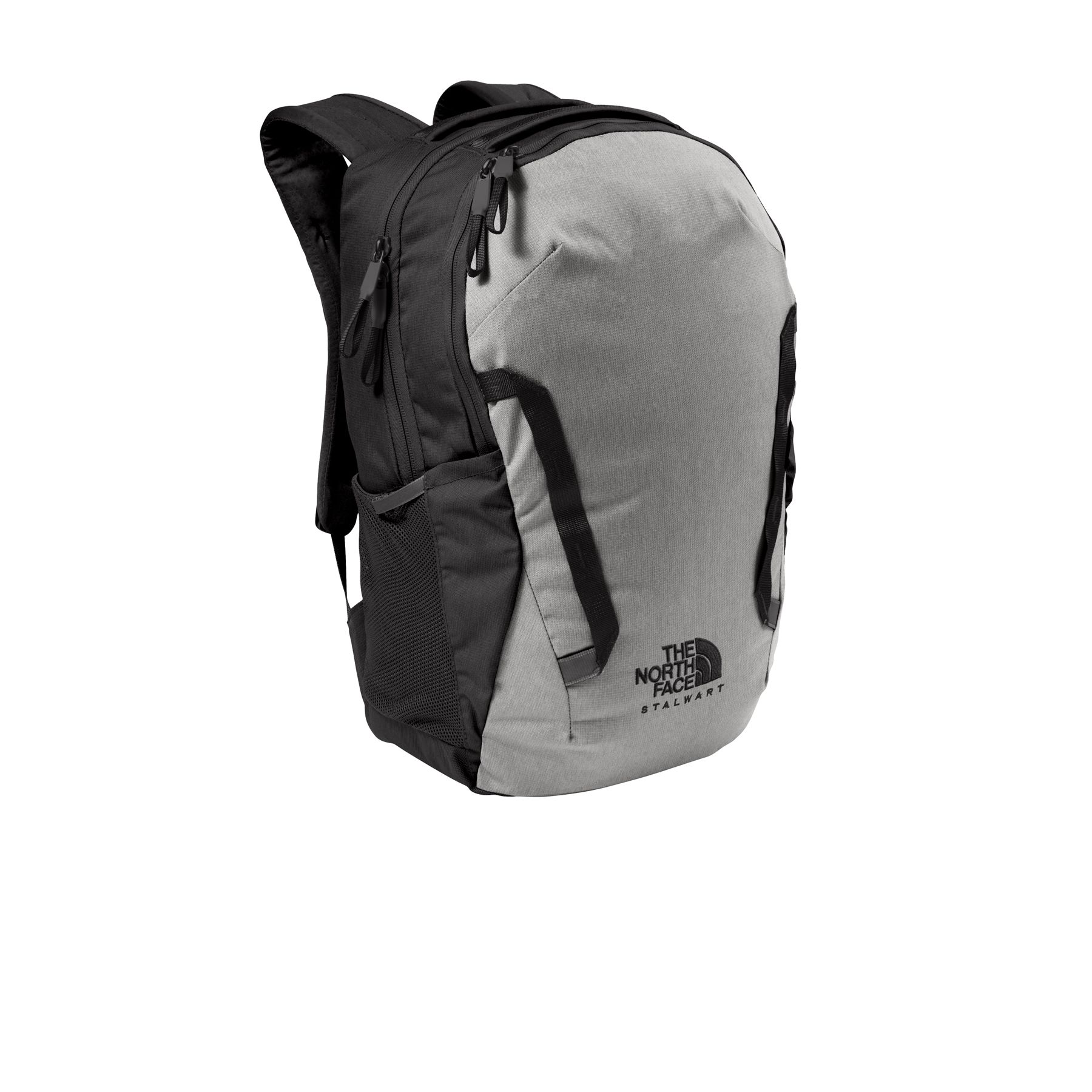 Mid Grey Dark Heather and TNF Black recycled polyester backpack with a spacious main compartment, padded 15-inch laptop sleeve, dual water bottle pockets, FlexVent™ shoulder straps, breathable back panel, and top carry handles.