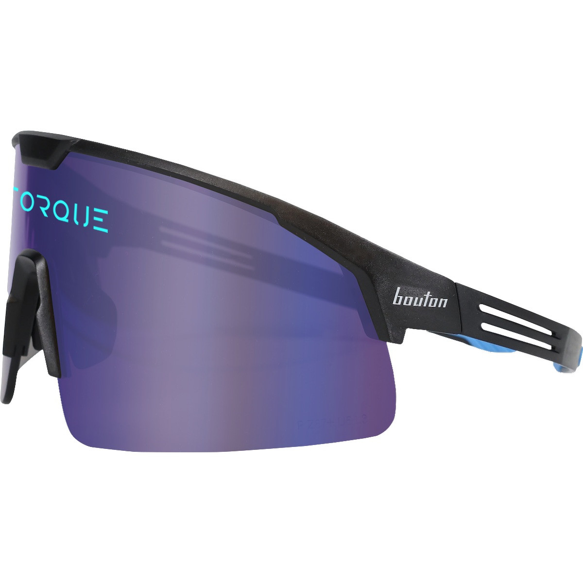 Blue Bouton® Optical Site Boss™ Polarized Lens Safety Glasses with a black half-frame design, blue mirror polarized anti-scratch lenses, adjustable soft rubber nose pads, and ultra-flexible black temples for glare-reducing eye protection during outdoor construction, industrial work, and recreational activities.