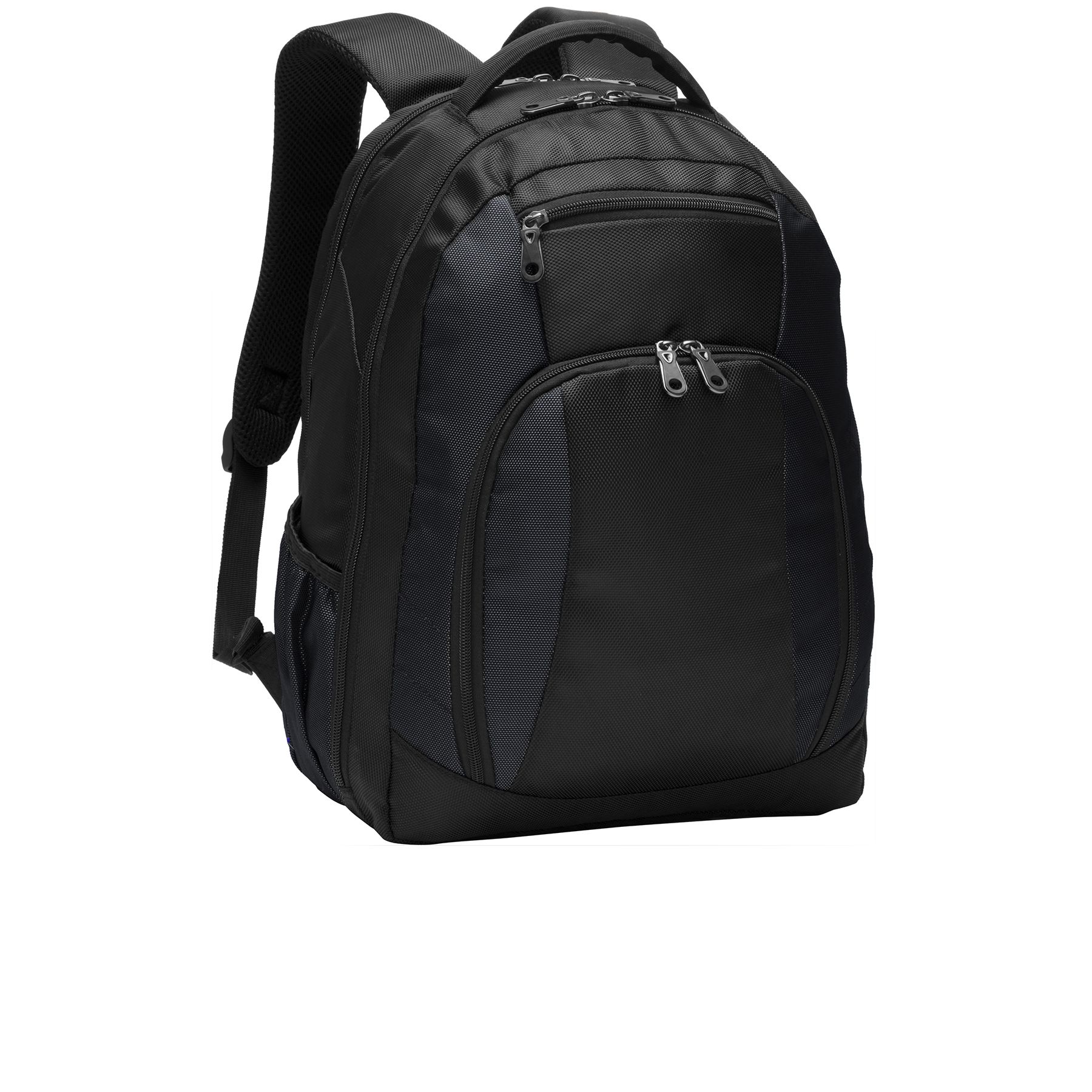 Black commuter backpack made from durable ballistic polyester featuring a padded laptop compartment, clamshell opening, front organizer pocket, ergonomic padded shoulder straps, and luggage trolley pass-through.