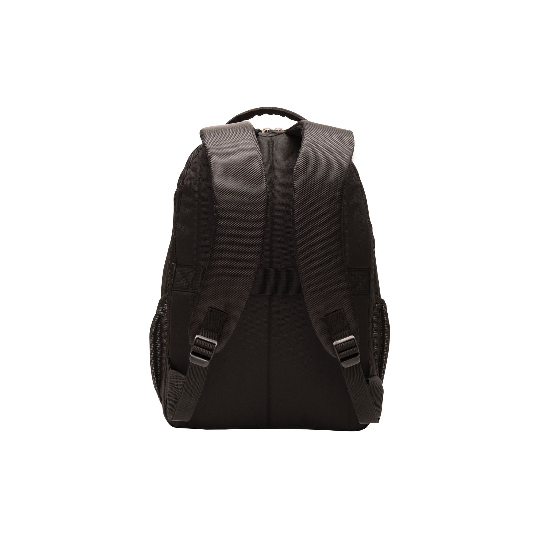 Black commuter backpack made from durable ballistic polyester featuring a padded laptop compartment, clamshell opening, front organizer pocket, ergonomic padded shoulder straps, and luggage trolley pass-through.