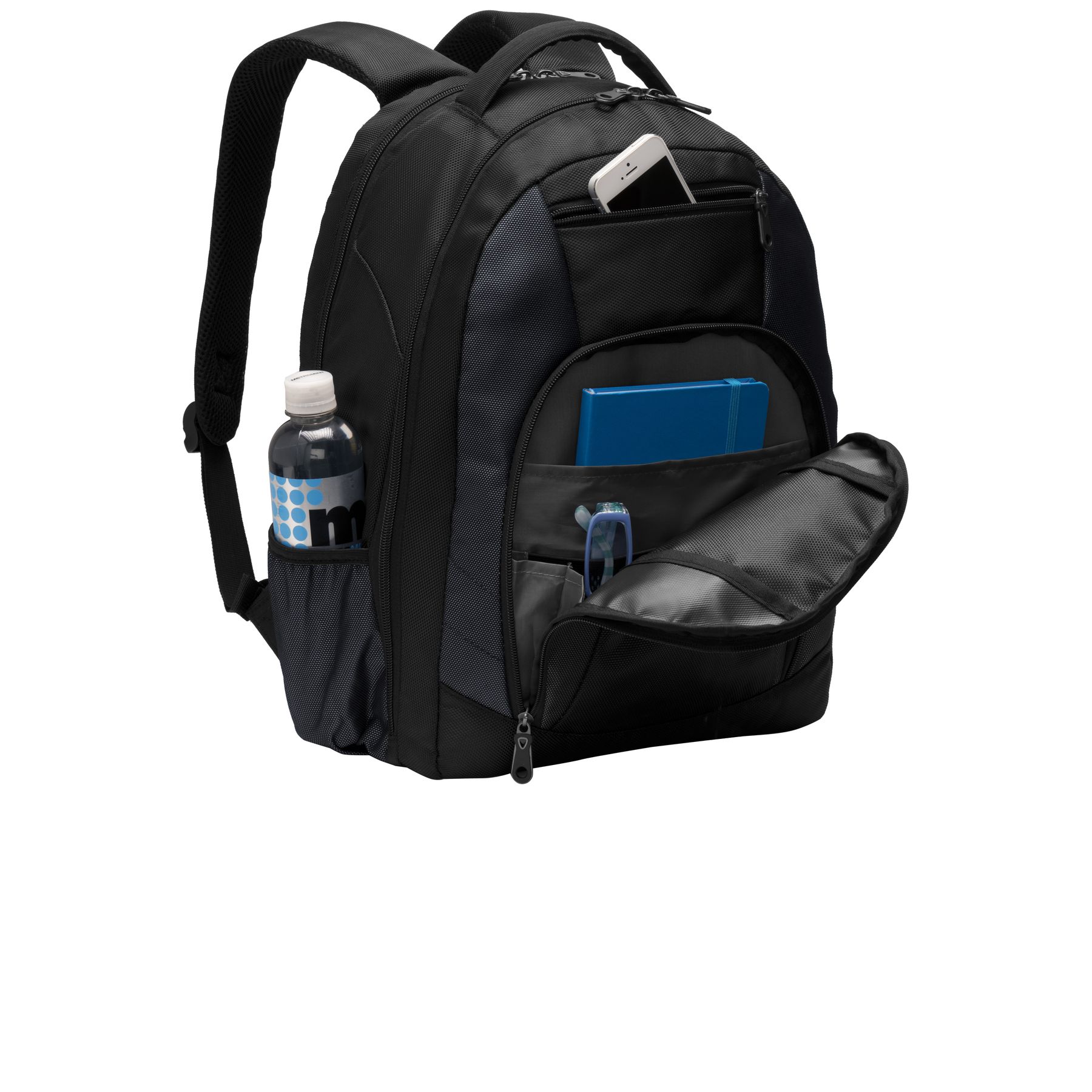 Black commuter backpack made from durable ballistic polyester featuring a padded laptop compartment, clamshell opening, front organizer pocket, ergonomic padded shoulder straps, and luggage trolley pass-through.