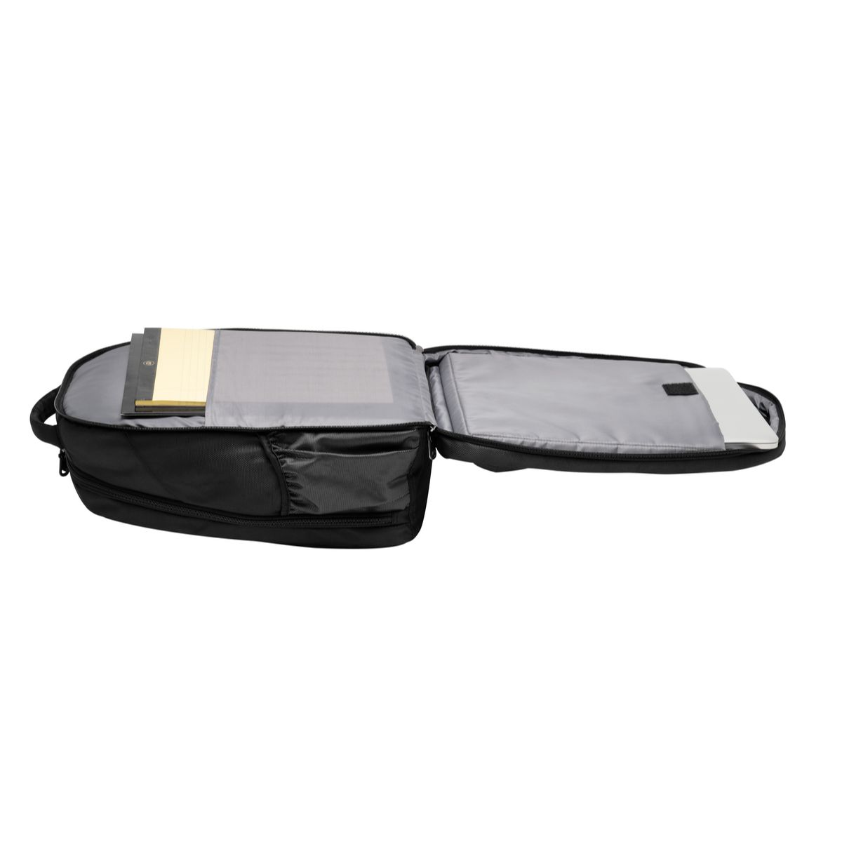Black commuter backpack made from durable ballistic polyester featuring a padded laptop compartment, clamshell opening, front organizer pocket, ergonomic padded shoulder straps, and luggage trolley pass-through.