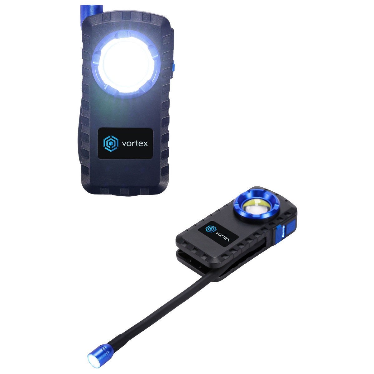 Blue rechargeable LED work light with COB and SMD LEDs, magnetic base, belt clip, flexible light head, and full-color branded logo panel.
