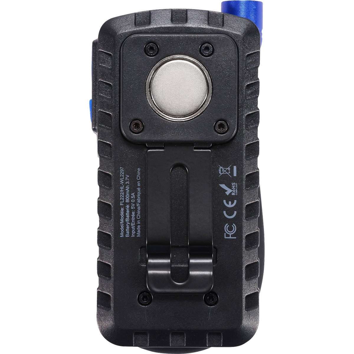 Blue rechargeable LED work light with COB and SMD LEDs, magnetic base, belt clip, flexible light head, and full-color branded logo panel.