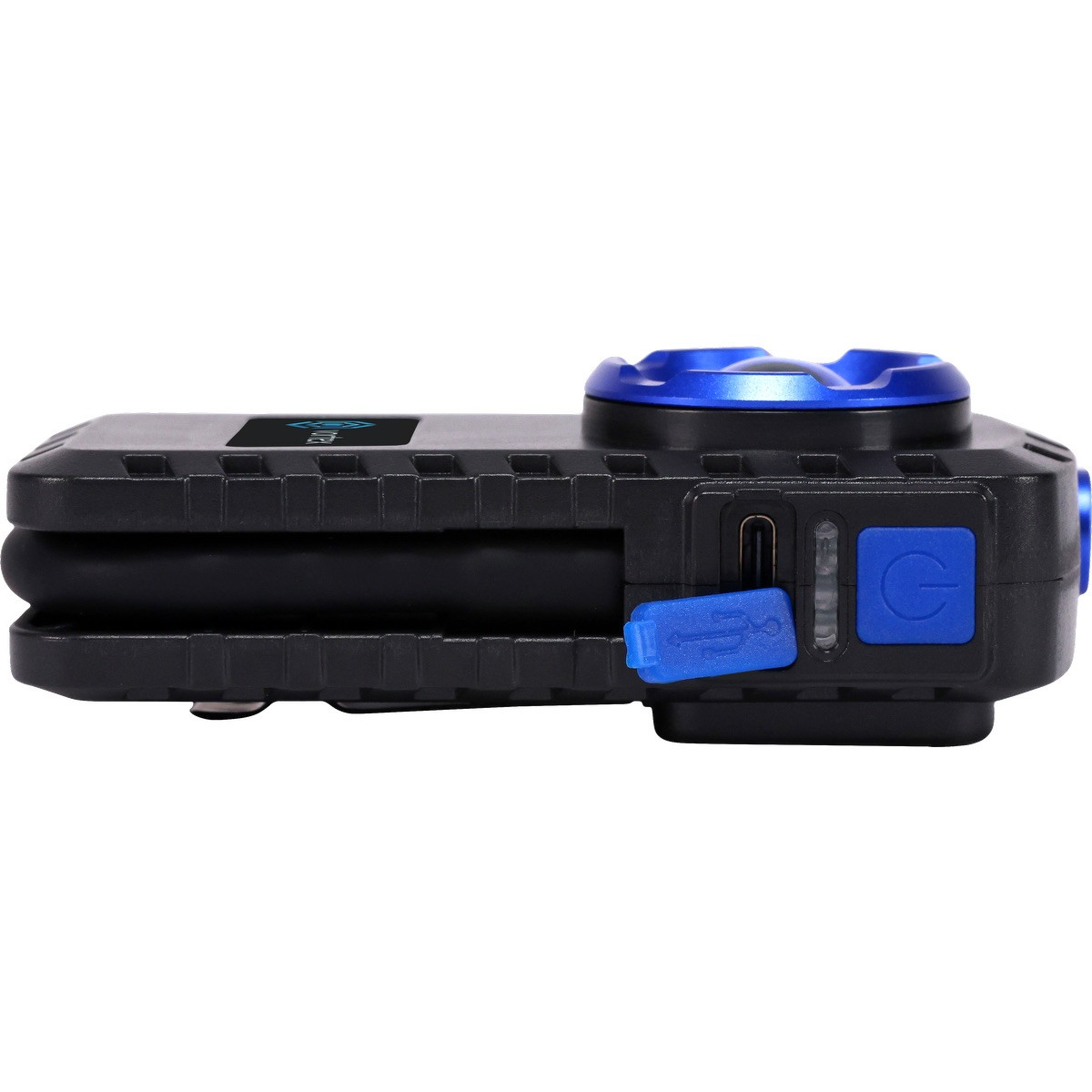 Blue rechargeable LED work light with COB and SMD LEDs, magnetic base, belt clip, flexible light head, and full-color branded logo panel.
