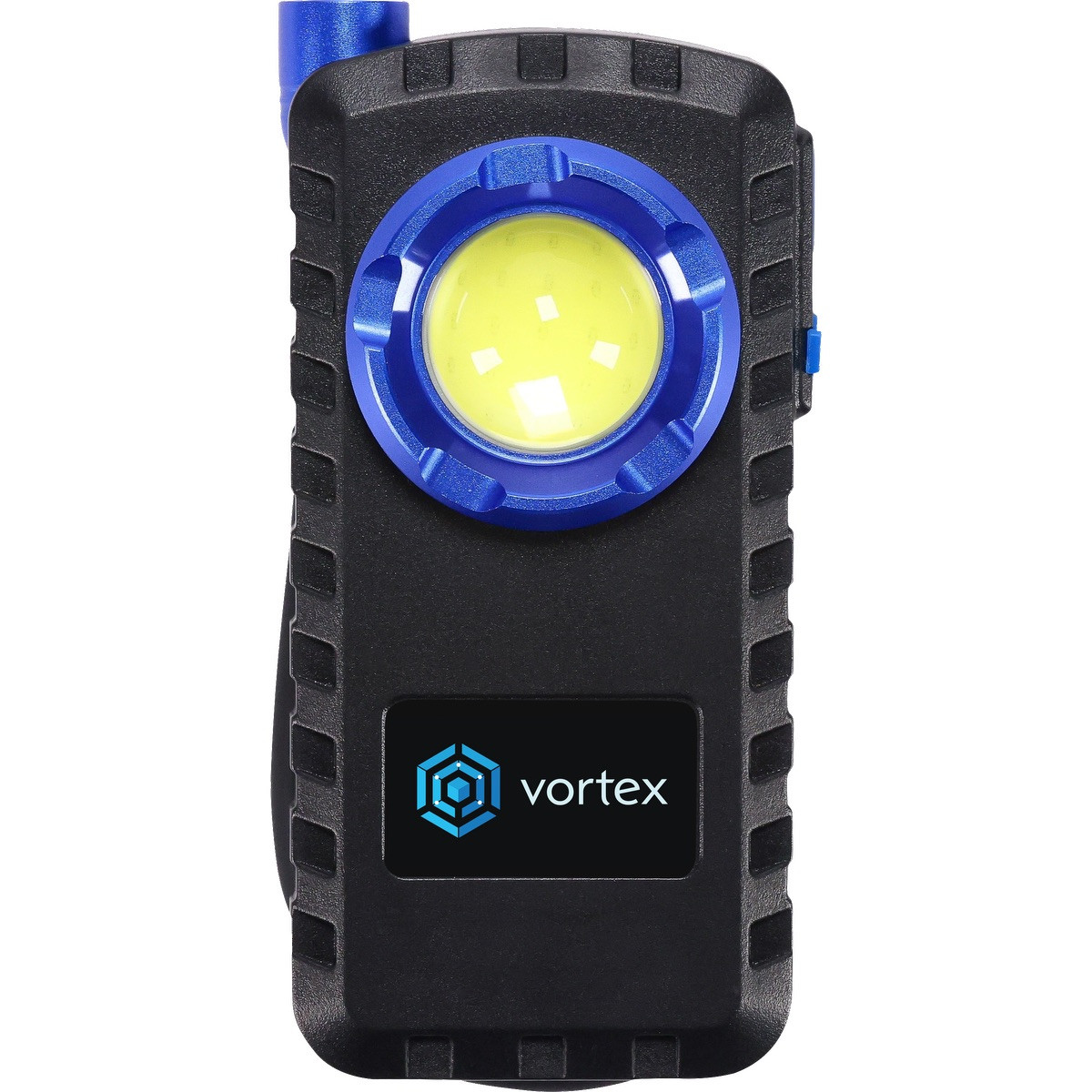 Blue rechargeable LED work light with COB and SMD LEDs, magnetic base, belt clip, flexible light head, and full-color branded logo panel.