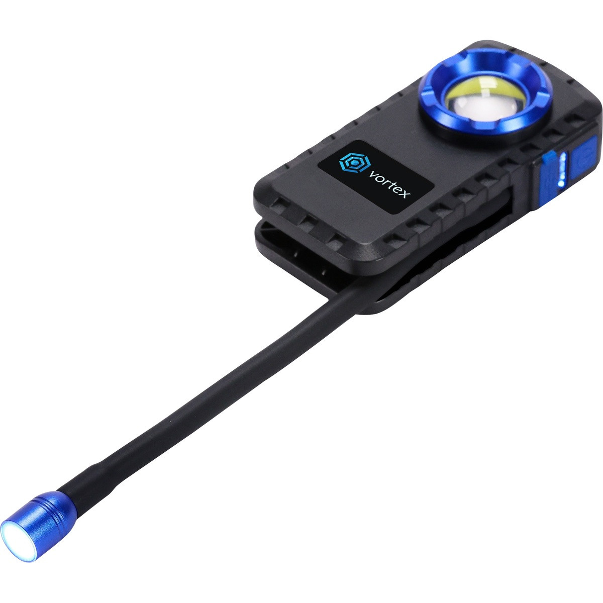 Blue rechargeable LED work light with COB and SMD LEDs, magnetic base, belt clip, flexible light head, and full-color branded logo panel.