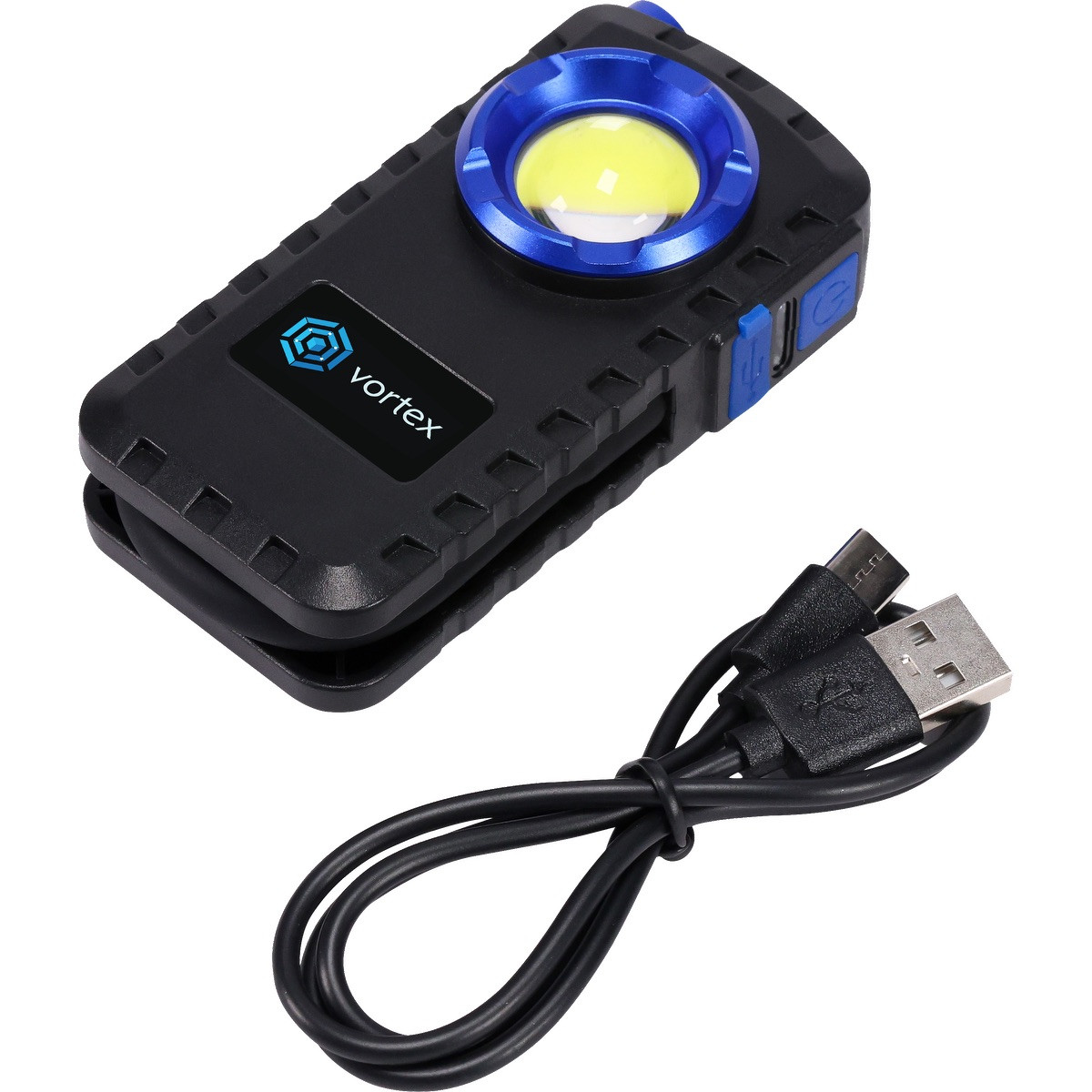 Blue rechargeable LED work light with COB and SMD LEDs, magnetic base, belt clip, flexible light head, and full-color branded logo panel.