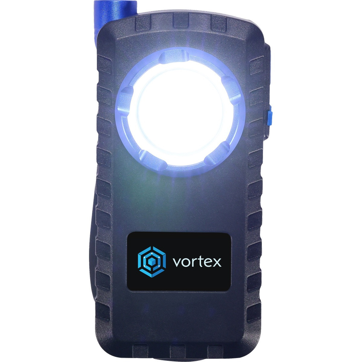 Blue rechargeable LED work light with COB and SMD LEDs, magnetic base, belt clip, flexible light head, and full-color branded logo panel.
