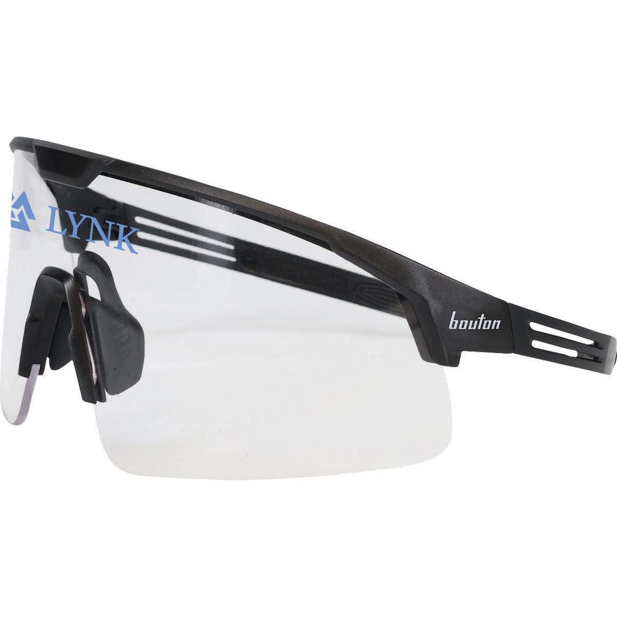 Clear Bouton® Optical Site Boss™ Clear Lens Safety Glasses with a clear FogLess® 3Sixty™ anti-fog lenses, adjustable soft rubber nose pads, and ultra-flexible black temples for eye protection in construction, manufacturing, and industrial work environments.