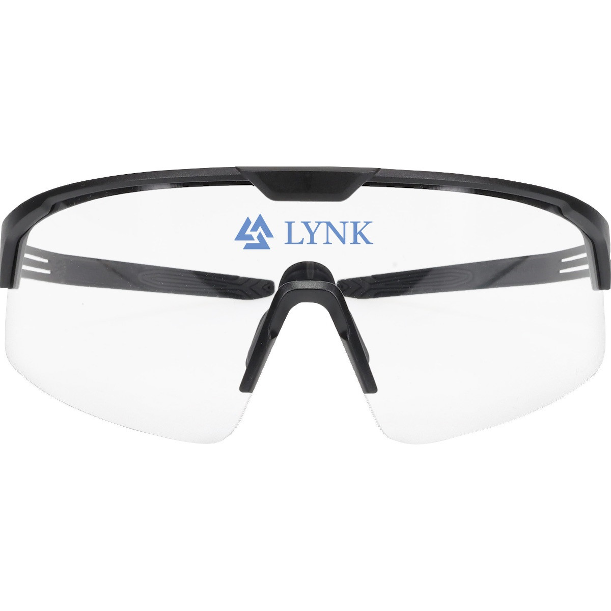 Clear Bouton® Optical Site Boss™ Clear Lens Safety Glasses with a clear FogLess® 3Sixty™ anti-fog lenses, adjustable soft rubber nose pads, and ultra-flexible black temples for eye protection in construction, manufacturing, and industrial work environments.