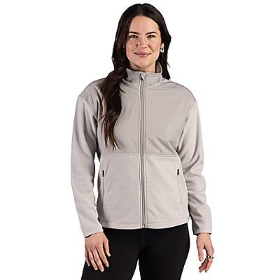 Polished women's recycled polyester full-zip fleece jacket with a mock neck, drop shoulders, zip hand pockets, and jacquard textured fabric for comfortable everyday layering.
