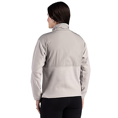 Polished women's recycled polyester full-zip fleece jacket with a mock neck, drop shoulders, zip hand pockets, and jacquard textured fabric for comfortable everyday layering.