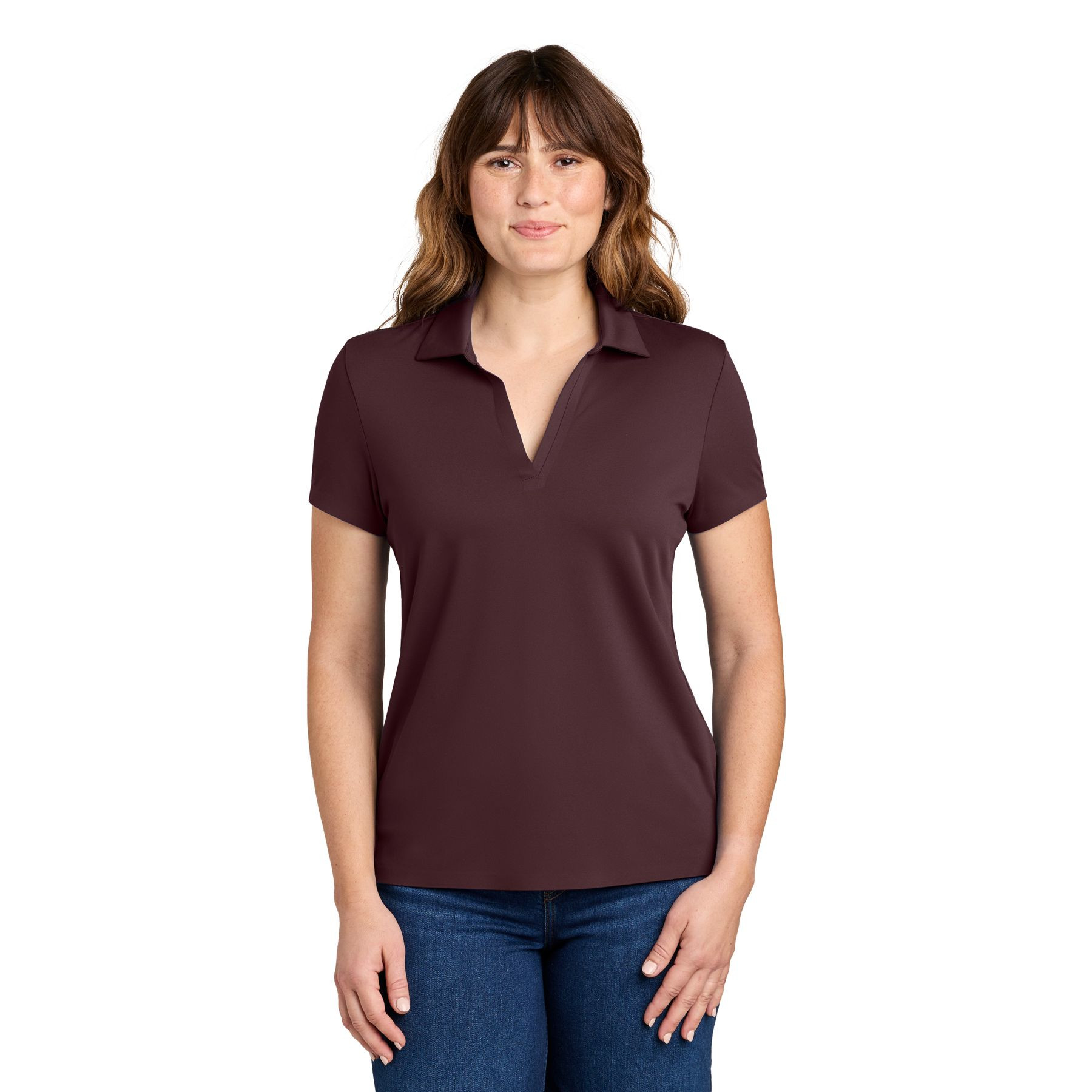 Dark Fig MiiR® Women’s Alta Polo in Dark Fig with recycled nylon and spandex performance fabric, a self-fabric collar, no-button Y-placket, short sleeves, and a modern athletic fit for everyday wear, golf, and corporate apparel.