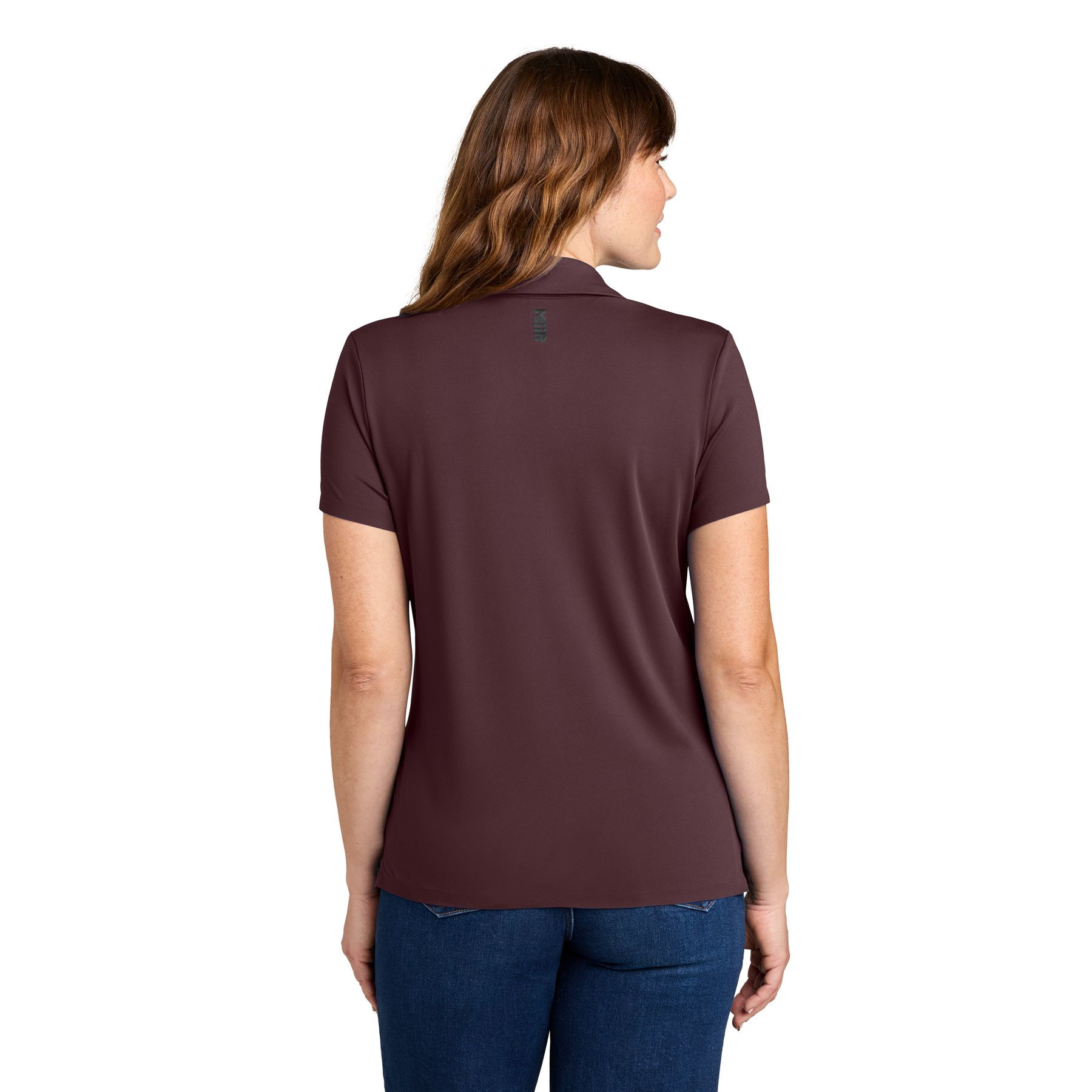 Dark Fig MiiR® Women’s Alta Polo in Dark Fig with recycled nylon and spandex performance fabric, a self-fabric collar, no-button Y-placket, short sleeves, and a modern athletic fit for everyday wear, golf, and corporate apparel.