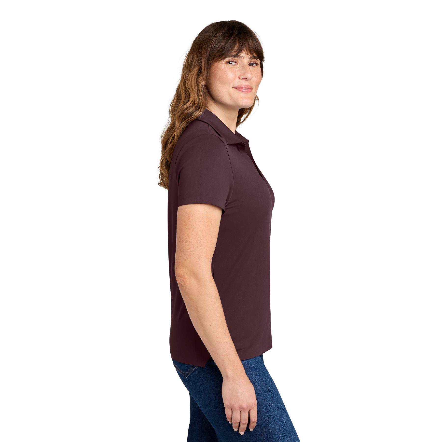 Dark Fig MiiR® Women’s Alta Polo in Dark Fig with recycled nylon and spandex performance fabric, a self-fabric collar, no-button Y-placket, short sleeves, and a modern athletic fit for everyday wear, golf, and corporate apparel.