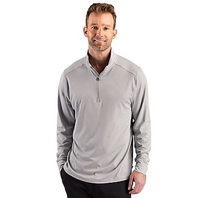 Polished and white men's recycled four-way stretch quarter-zip pullover with double stripe detailing, long sleeves, and a stand-up collar for performance layering.