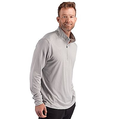 Polished and white men's recycled four-way stretch quarter-zip pullover with double stripe detailing, long sleeves, and a stand-up collar for performance layering.