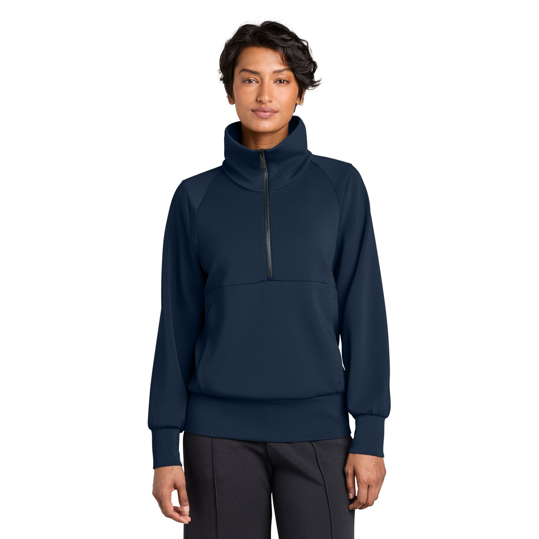 Indigo Navy MiiR® Women’s Kumo 1/4-Zip Pullover with ultrasoft recycled polyester spacer knit, a stand-up collar, quarter-zip front, long sleeves, and zippered side pockets for lightweight layering and everyday outdoor wear.