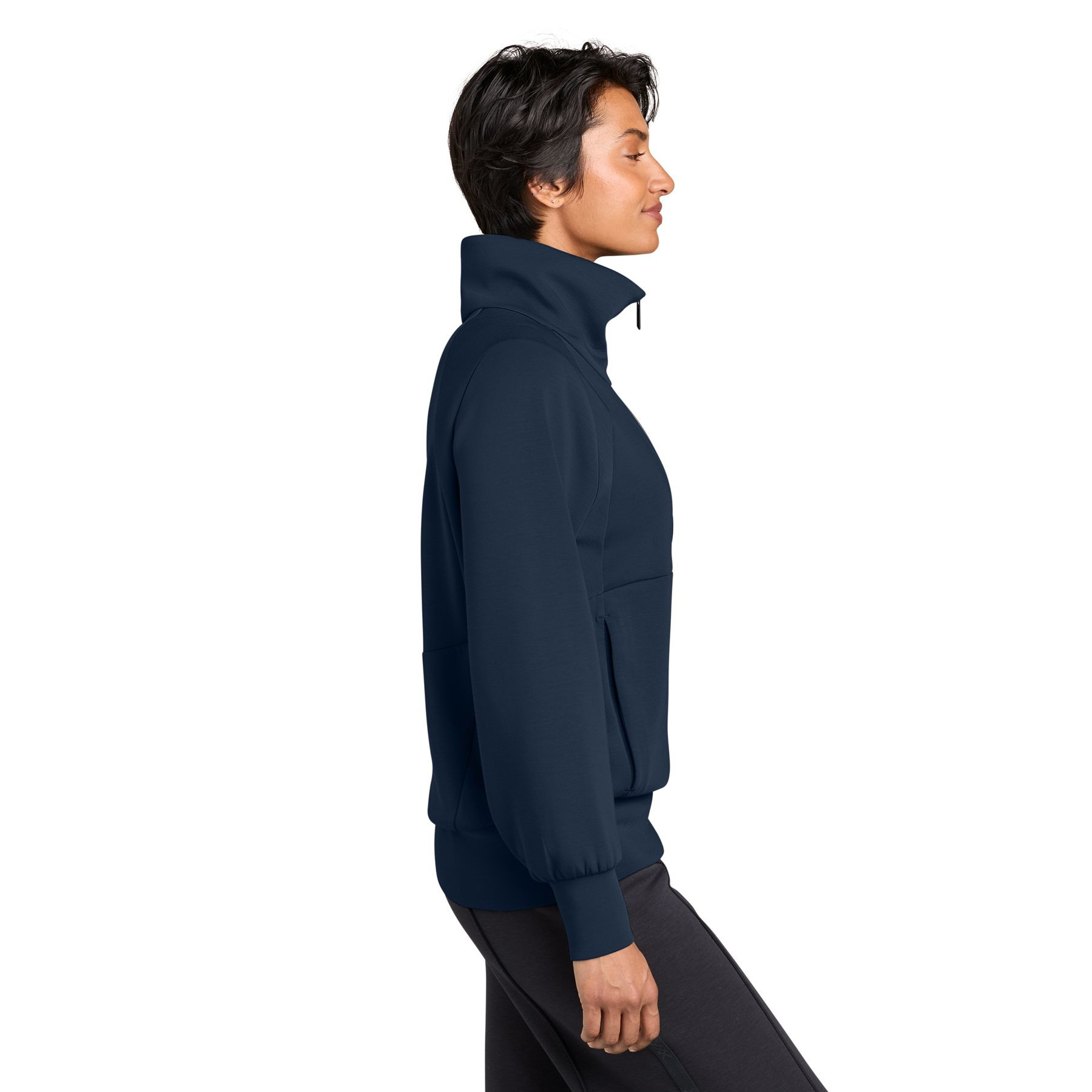 Indigo Navy MiiR® Women’s Kumo 1/4-Zip Pullover with ultrasoft recycled polyester spacer knit, a stand-up collar, quarter-zip front, long sleeves, and zippered side pockets for lightweight layering and everyday outdoor wear.