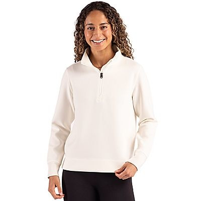 Shell women's recycled buttery-soft knit quarter-zip pullover with a stand-up collar, long sleeves, and soft double-knit interlock fabric.