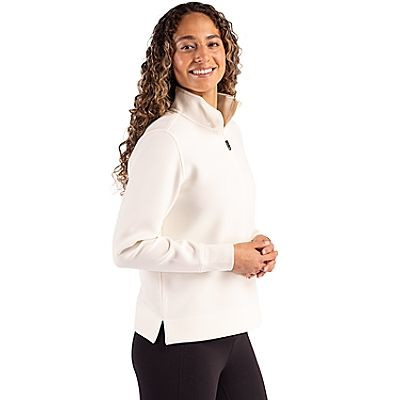 Shell women's recycled buttery-soft knit quarter-zip pullover with a stand-up collar, long sleeves, and soft double-knit interlock fabric.