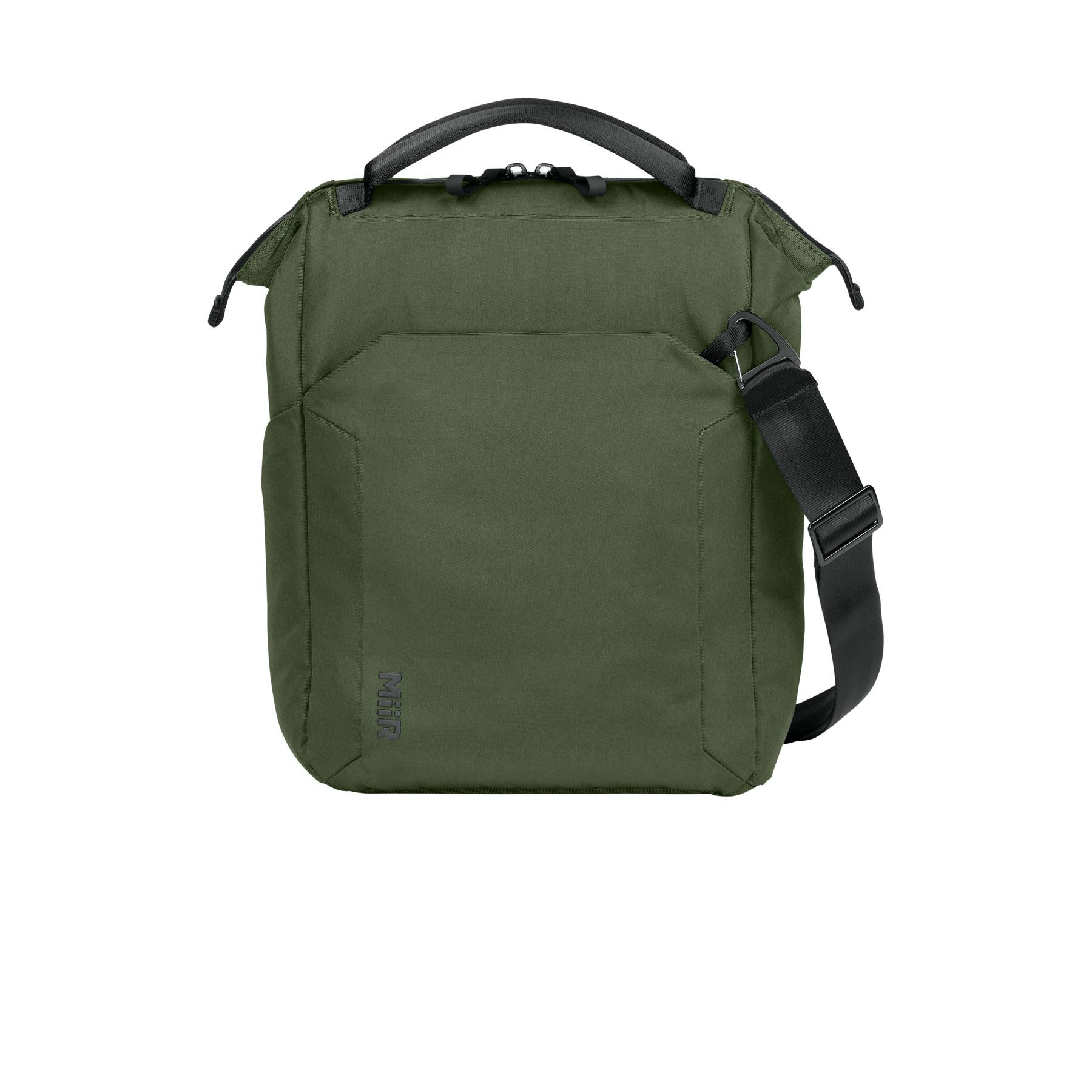 Forest Moss MiiR® Kori 12-Can Vertical Cooler with a recycled polyester exterior, insulated zippered main compartment, front zip pocket, top carry handle, and adjustable shoulder strap for keeping food and beverages cold on day trips, picnics, and outdoor adventures.