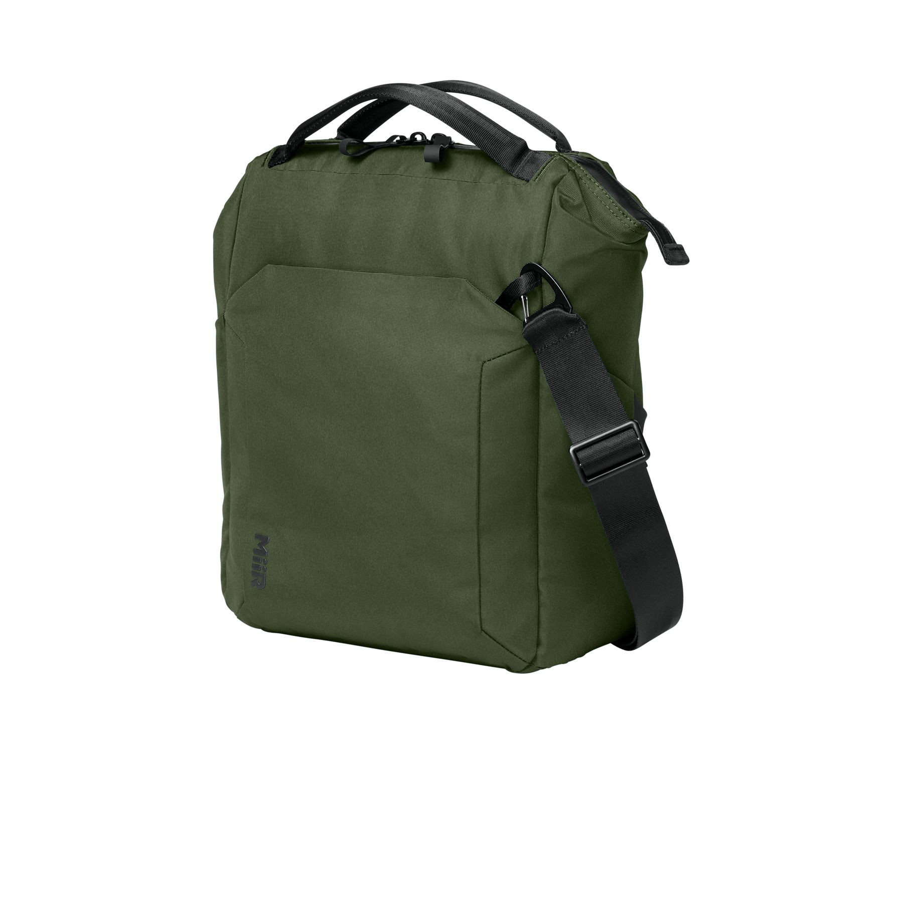 Forest Moss MiiR® Kori 12-Can Vertical Cooler with a recycled polyester exterior, insulated zippered main compartment, front zip pocket, top carry handle, and adjustable shoulder strap for keeping food and beverages cold on day trips, picnics, and outdoor adventures.