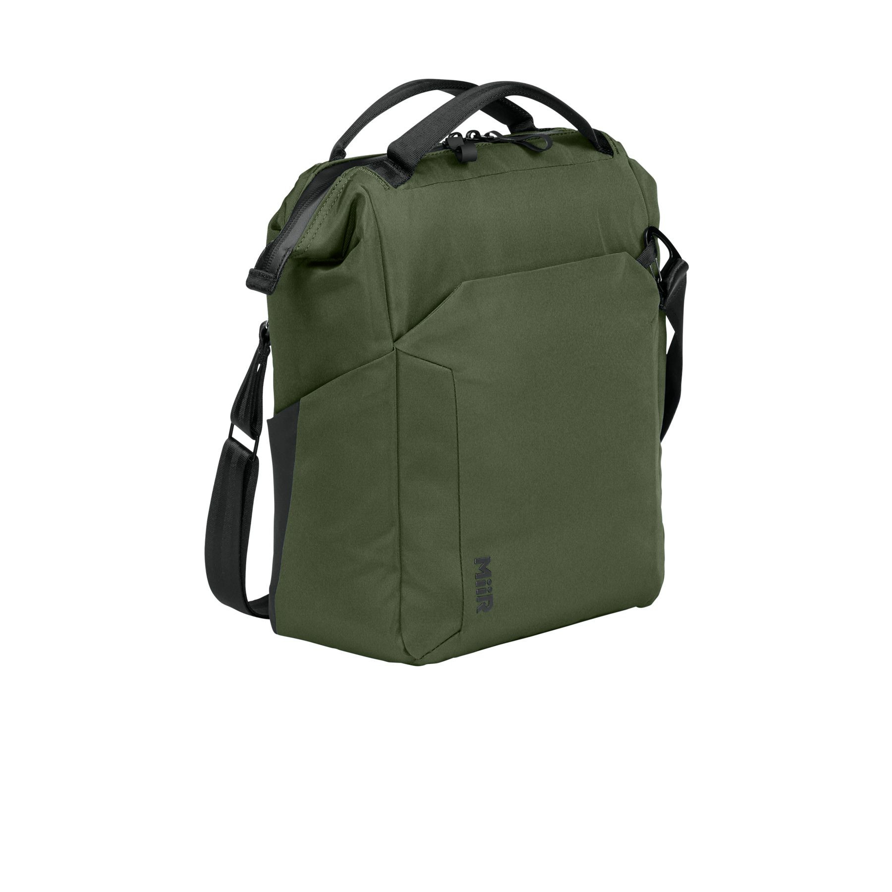 Forest Moss MiiR® Kori 12-Can Vertical Cooler with a recycled polyester exterior, insulated zippered main compartment, front zip pocket, top carry handle, and adjustable shoulder strap for keeping food and beverages cold on day trips, picnics, and outdoor adventures.