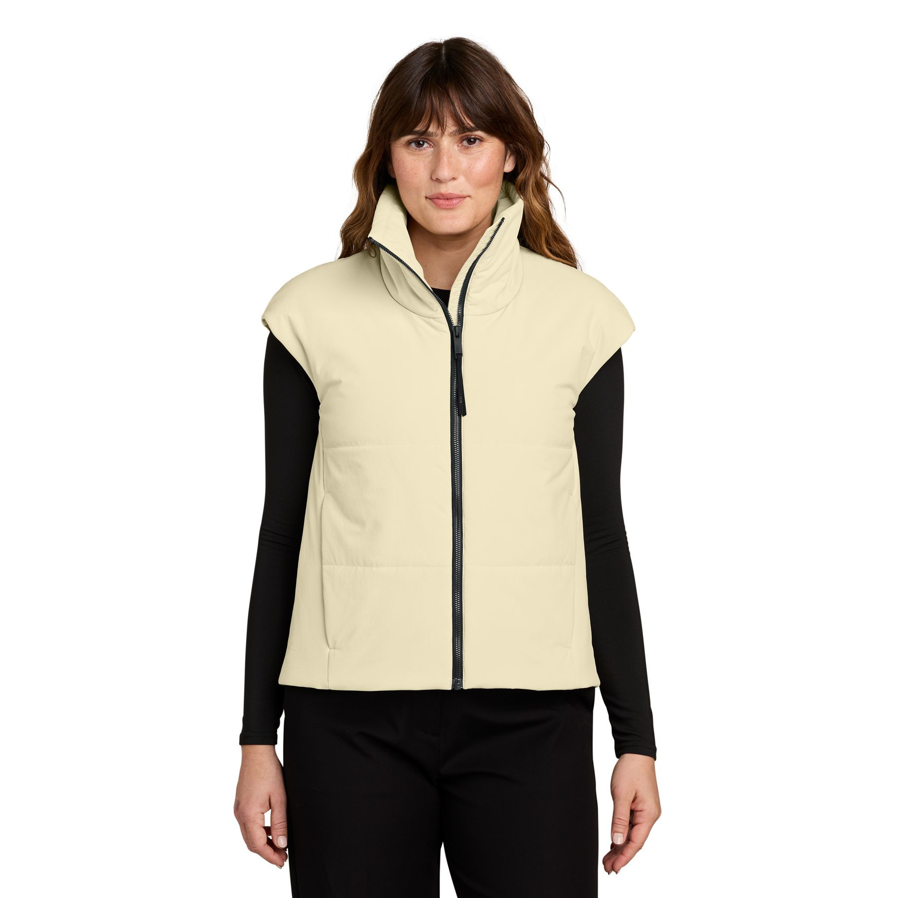Alabaster MiiR® Women’s Sashiko Stretch Puffy Vest with a recycled nylon and spandex quilted shell, zip-through rib-knit collar, full-zip front, zippered hand pockets, and a lightweight insulated design for everyday layering and outdoor wear.