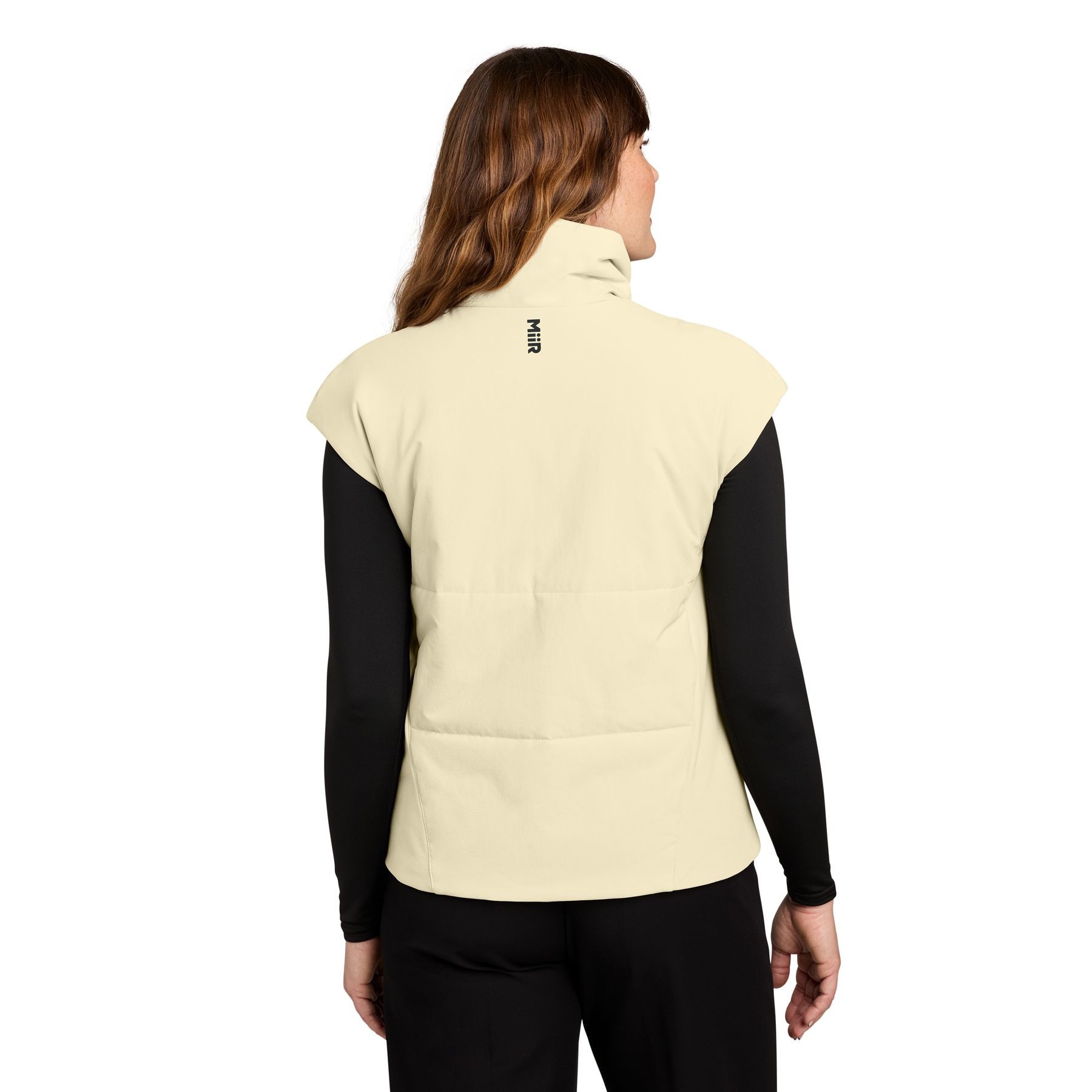 Alabaster MiiR® Women’s Sashiko Stretch Puffy Vest with a recycled nylon and spandex quilted shell, zip-through rib-knit collar, full-zip front, zippered hand pockets, and a lightweight insulated design for everyday layering and outdoor wear.