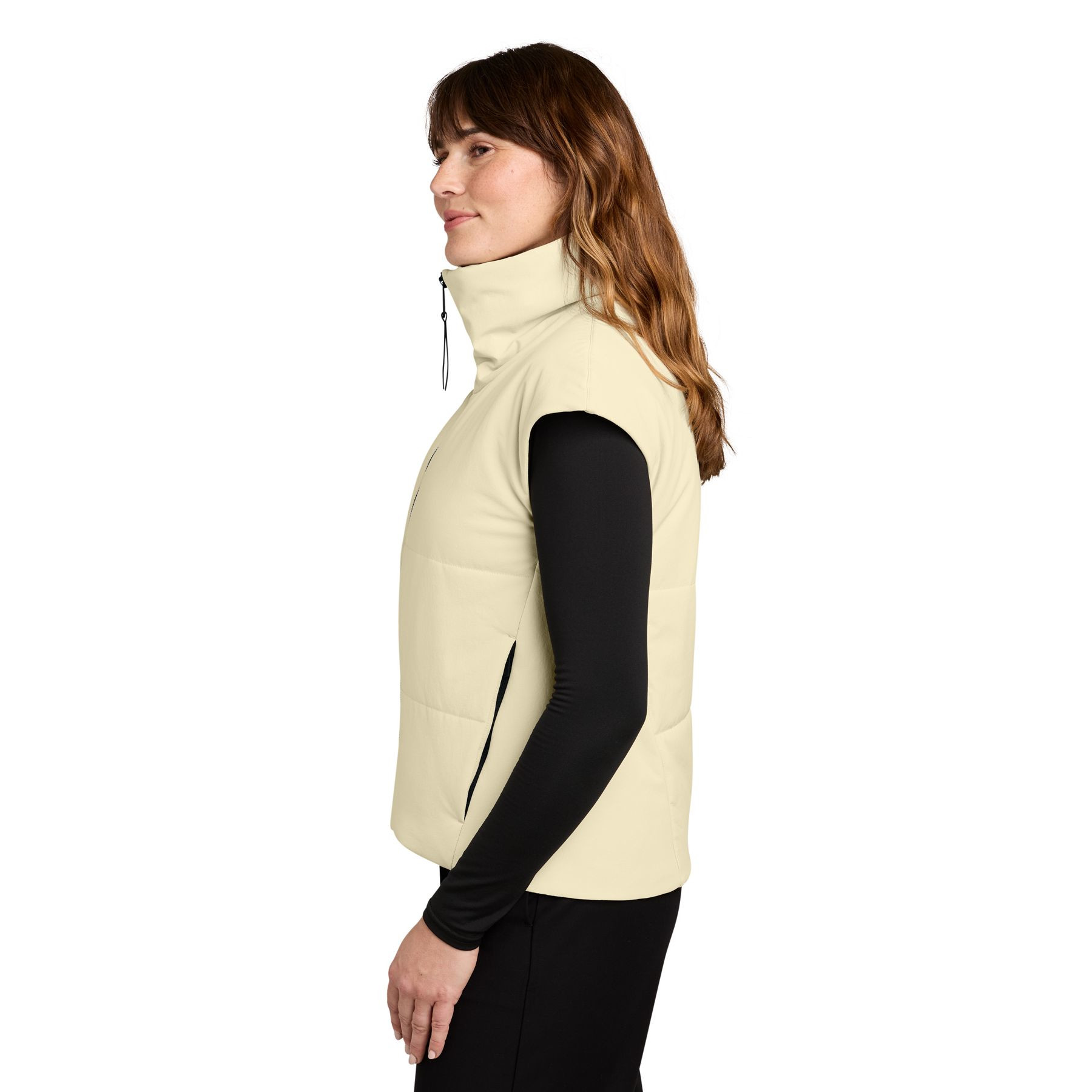 Alabaster MiiR® Women’s Sashiko Stretch Puffy Vest with a recycled nylon and spandex quilted shell, zip-through rib-knit collar, full-zip front, zippered hand pockets, and a lightweight insulated design for everyday layering and outdoor wear.