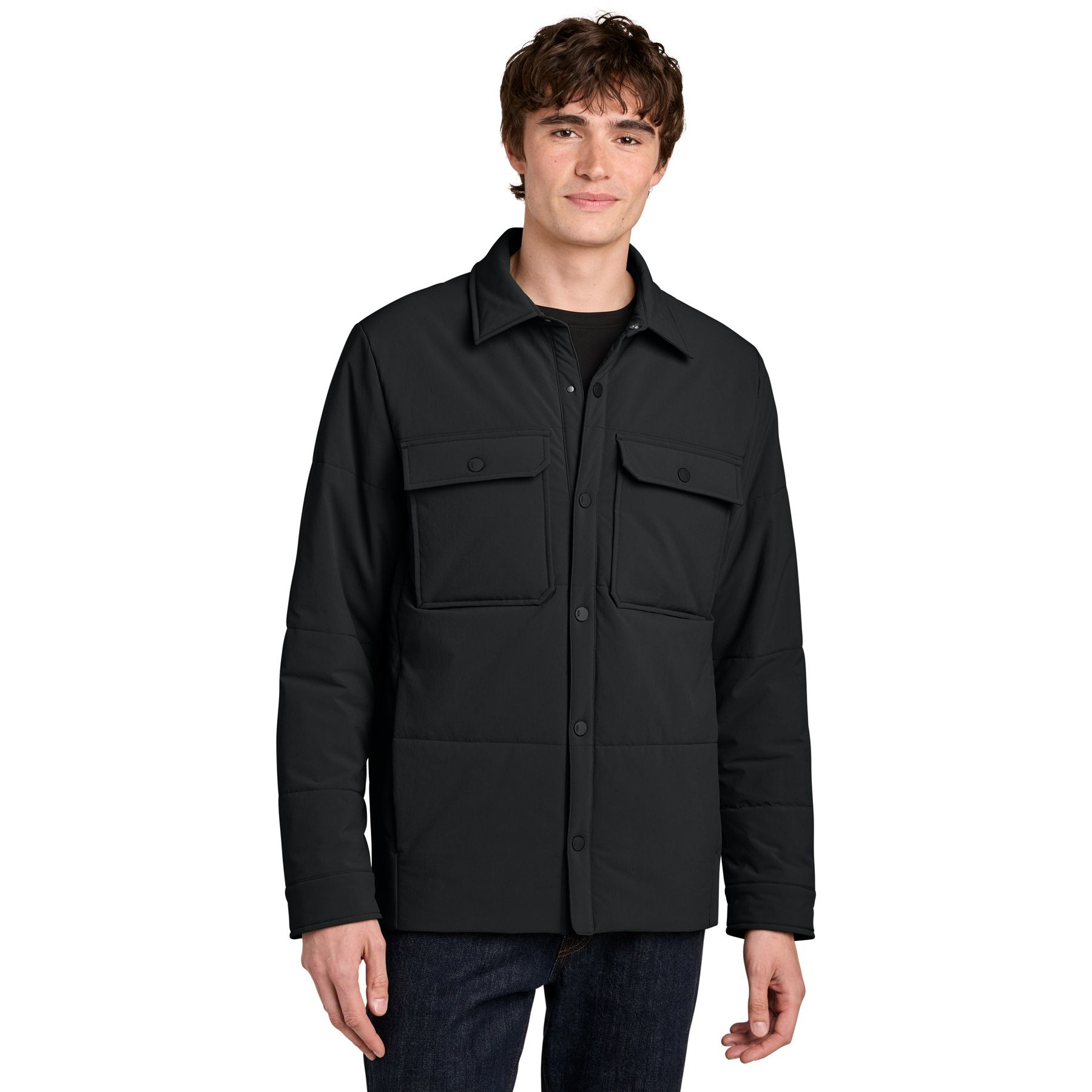 Pitch Black MiiR® Sashiko Stretch Puffy Shacket with a recycled nylon and spandex quilted shell, snap-front closure, shirt-style collar, chest pockets, and lightweight insulated construction for everyday layering and outdoor wear.