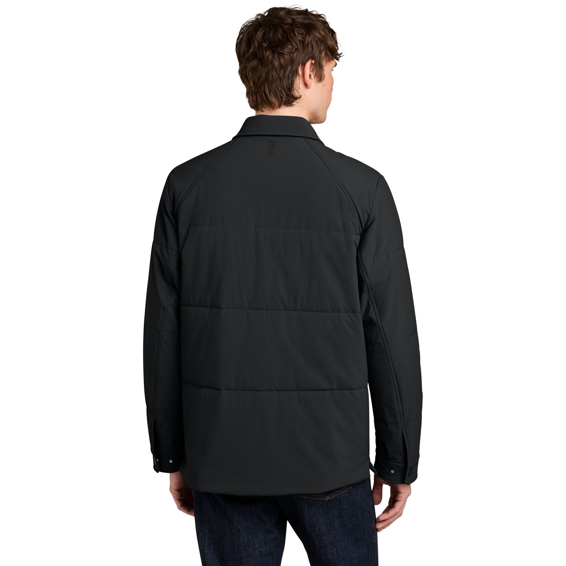 Pitch Black MiiR® Sashiko Stretch Puffy Shacket with a recycled nylon and spandex quilted shell, snap-front closure, shirt-style collar, chest pockets, and lightweight insulated construction for everyday layering and outdoor wear.