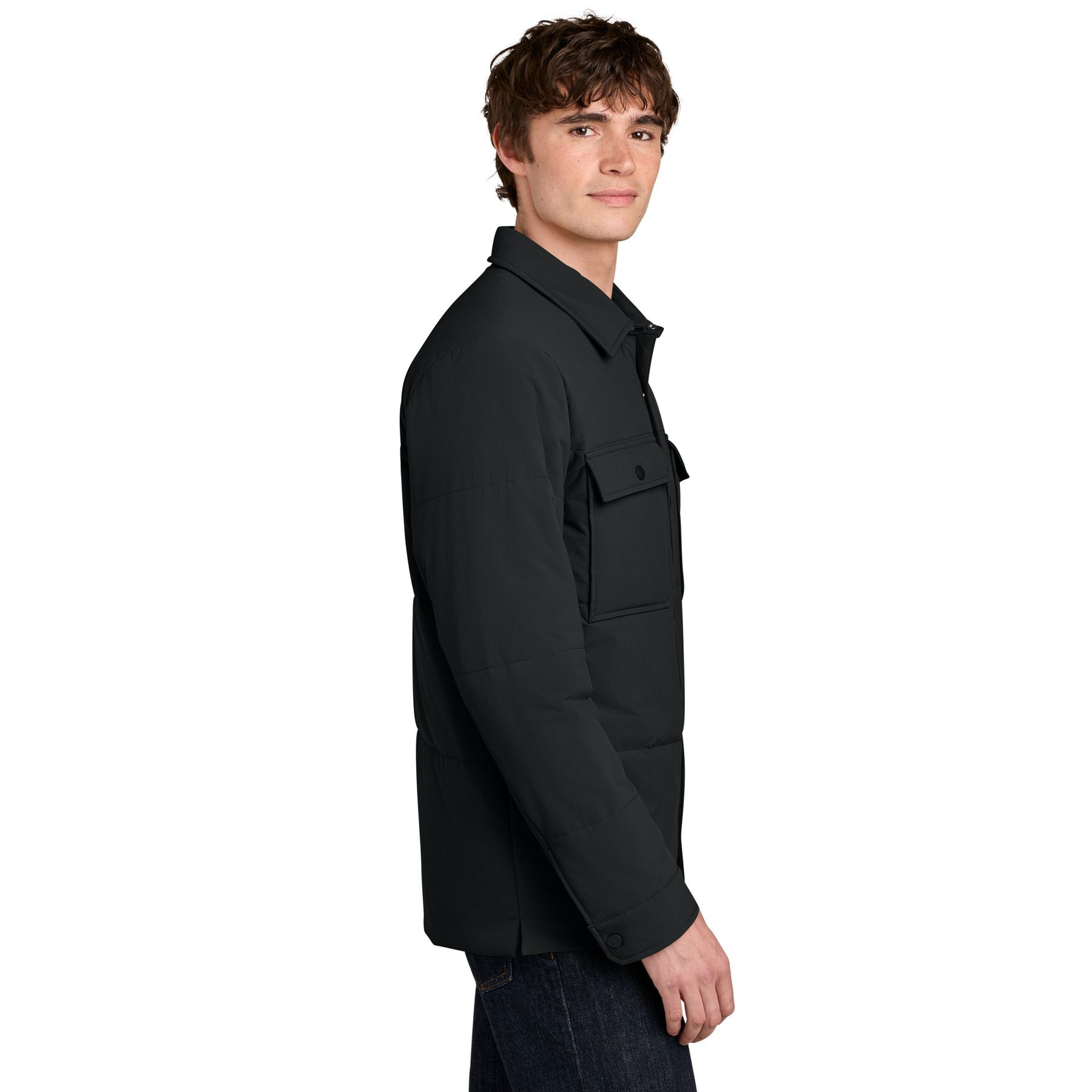 Pitch Black MiiR® Sashiko Stretch Puffy Shacket with a recycled nylon and spandex quilted shell, snap-front closure, shirt-style collar, chest pockets, and lightweight insulated construction for everyday layering and outdoor wear.