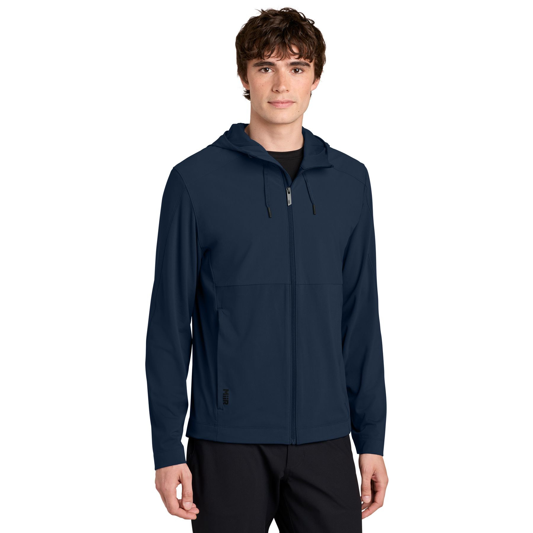 Indigo Navy MiiR® Kivu Hybrid Full-Zip Hooded Jacket with a recycled nylon and spandex stretch knit body, woven overlay panels, attached hood with drawcords, full-zip front, and zippered hand pockets for lightweight layering, travel, and everyday outdoor wear.