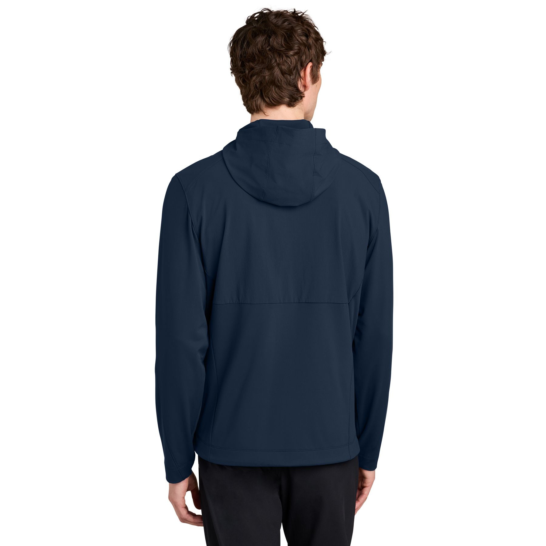 Indigo Navy MiiR® Kivu Hybrid Full-Zip Hooded Jacket with a recycled nylon and spandex stretch knit body, woven overlay panels, attached hood with drawcords, full-zip front, and zippered hand pockets for lightweight layering, travel, and everyday outdoor wear.